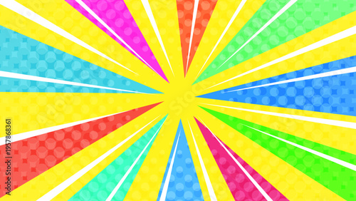 バブルが飛び出すカラフルで派手で目立つ集中線イエロー背景ベクター素材。16:9のYouTubeサムネ広告用