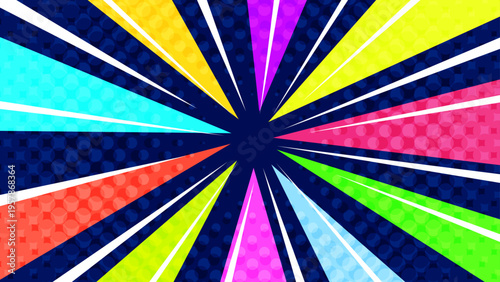 バブルが飛び出すカラフルで派手で目立つ集中線紺色背景ベクター素材。16:9のYouTubeサムネ広告用