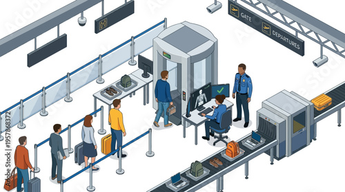 Airport security checkpoint with people and baggage scanners, illustrating modern travel procedures