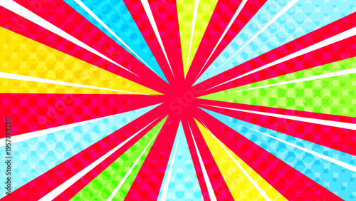 バブルが飛び出すカラフルで派手で目立つ集中線レッド背景ベクター素材。16:9のYouTubeサムネ広告用