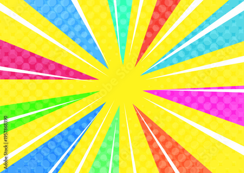 バブルが飛び出すカラフルで派手で目立つ集中線黄色背景ベクター素材。ポスター広告用