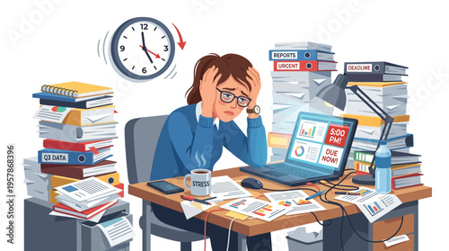 Overwhelmed office worker drowning in paperwork and deadlines, stressed and exhausted at cluttered desk with piles of documents and computer screen displaying charts