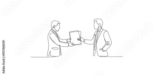 Two businessmen in continuous line drawing exchanging a document business men one outline simple minimalist