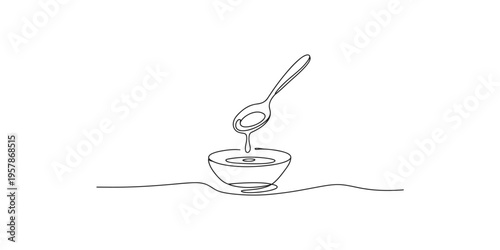 Continuous line drawing of spoon pouring liquid into a bowl on a table single art
