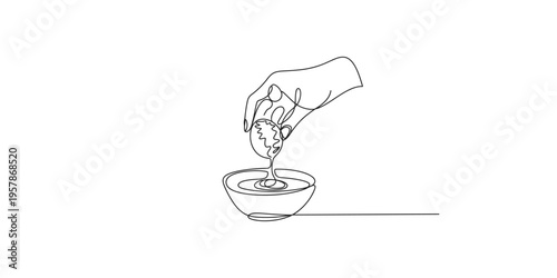 Hand pouring egg into bowl of liquid in one line drawing style continuous pour food