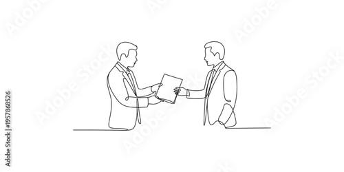 Two businessmen exchanging document in continuous line drawing style business men suits outline silhouette minimalist