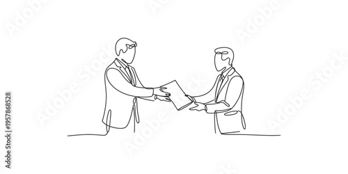 Businessman passing a file to another sitting businessman in a one line drawing style business