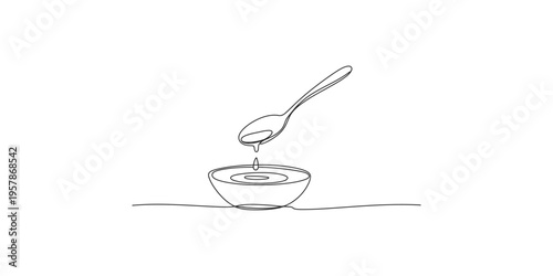 Continuous line drawing of a spoon pouring honey into a bowl food illustration art minimalist