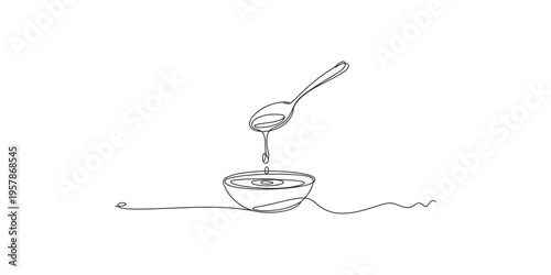 Continuous line drawing of a spoon pouring liquid into a bowl one art minimalist simple