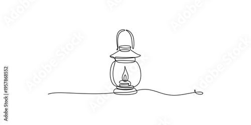 Continuous line drawing of a classic oil lamp with a wick and handle vintage illustration