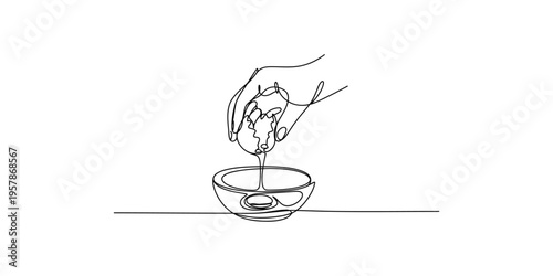 Hand pouring liquid into a bowl with one continuous line art style minimalist drawing illustration