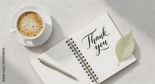 Gratitude and Warmth: Coffee, Notebook, and Natural Element - A Scene of Appreciation and Peaceful Reflection