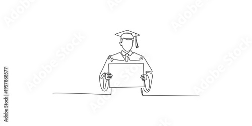 Graduate holding a blank sign wearing a cap and gown adult attainment business cartoon certificate