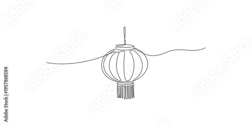 A clear line drawing of a hanging Chinese lantern with tassel and two ribbons illustration
