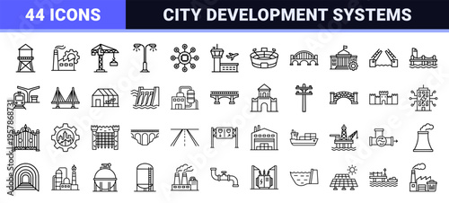 Urban Infrastructure and Civil Engineering Linear Graphics: Minimalist Monoline Aesthetic for Smart City Planning and Industrial Design.