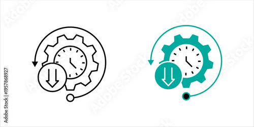 Minimal line icon set. of gear and clock with download arrow representing time management, process efficiency, and workflow optimization.