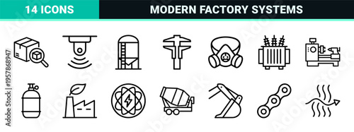 Industrial Manufacturing and Smart Factory Automation Thin Line Art, Minimalist Geometric Production and Logistics Monoline Symbols