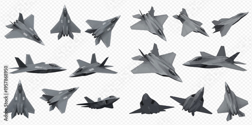 Collection of modern military fighter jets and stealth aircraft in various angles, isolated on a transparent background, showcasing advanced aviation technology and defense capabilities.