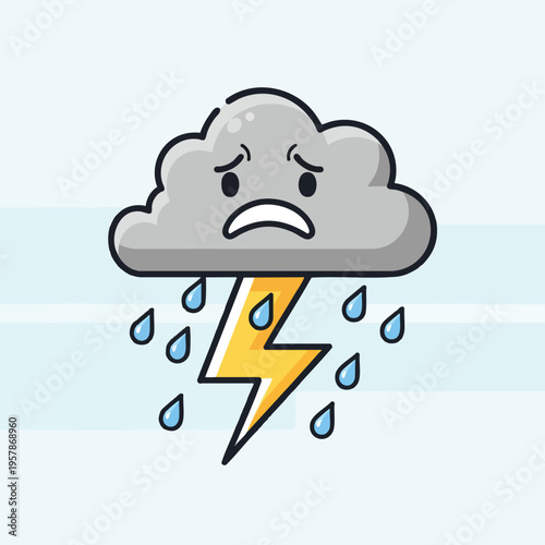 A sad cartoon cloud with a lightning bolt and rain drops