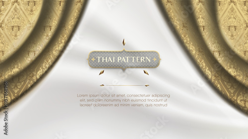 Luxury Thai traditional pattern on golden silk curtain background with realistic drapery