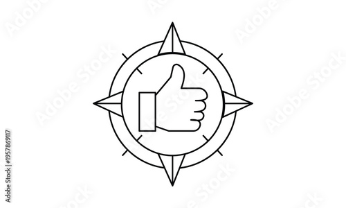 Thumbs up icon inside compass for best direction quality service and customer feedback concept.Editable stroke, Vector illustration, Line art Icon, Symbols.