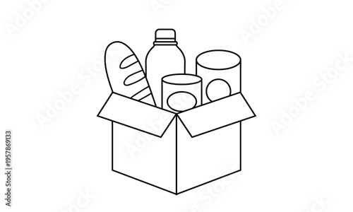 Cardboard box with food groceries and supplies for humanitarian aid and donation concept.Editable stroke, Vector illustration, Line art Icon, Symbols.