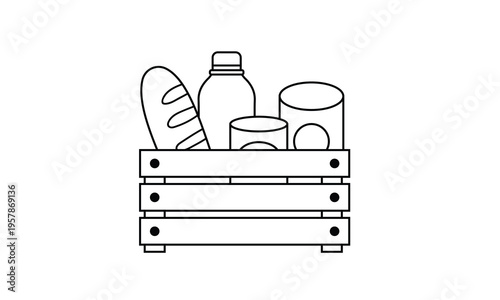 Wooden crate filled with food groceries and supplies for donation and charity support concept.Editable stroke, Vector illustration, Line art Icon, Symbols.