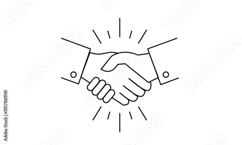 Handshake icon with light rays for successful partnership agreement and business deal concept.Editable stroke, Vector illustration, Line art Icon, Symbols.