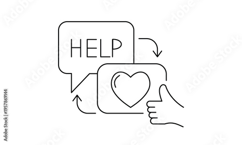 Help and heart bubble with thumbs up icon for customer support and kindness service concept. Editable stroke, Vector illustration, Line art Icon, Symbols.