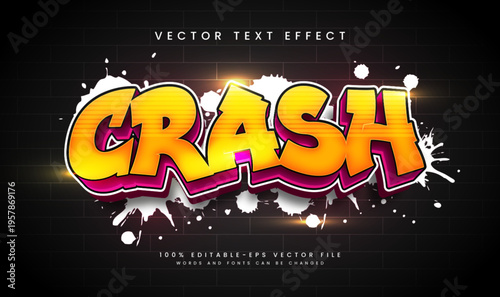 Editable crash graffiti text effect, vibrant colors, brick wall background. Perfect for design projects.