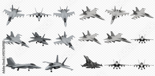 Collection of various modern fighter jets and military aircraft on a transparent background, showcasing different angles and models for aviation and defense concepts.