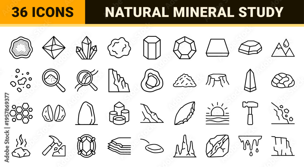 Fototapeta premium Geology and Mineralogy Minimalist Monoline Outline Icons featuring Geometric Crystals, Raw Ores, Gemstones, and Mining Equipment Symbols.