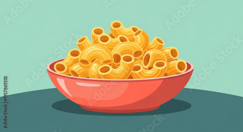 A detailed and colorful illustration of a vibrant bowl filled with delicious macaroni pasta, presented on a flat surface, inviting culinary enjoyment and classic comfort food appeal