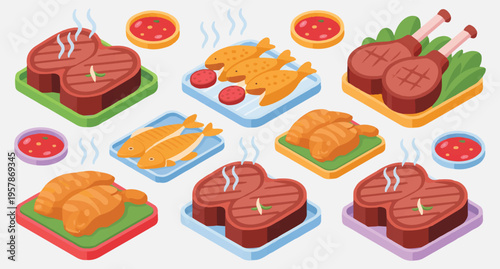  A colorful illustration of various grilled meats and seafood on plates