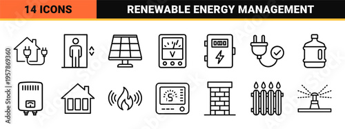 Public Utilities and Smart Home Infrastructure Minimalist Monoline Icon Set Featuring Energy Water Waste and Geometric Line Art Symbols