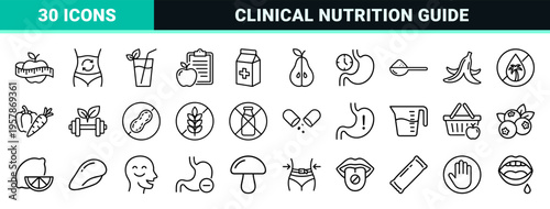 Metabolic Health and Digestive Wellness Minimalist Monoline Icon Set for Clinical Nutrition and Diet Tracking App Interfaces