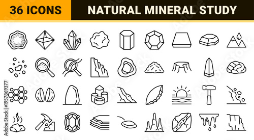 Geology and Mineralogy Minimalist Monoline Outline Icons featuring Geometric Crystals, Raw Ores, Gemstones, and Mining Equipment Symbols.