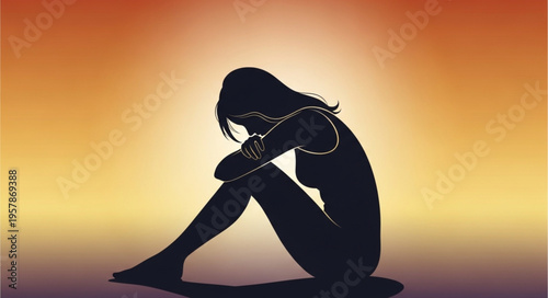Silhouette of a woman in distress, head in hands, seated.