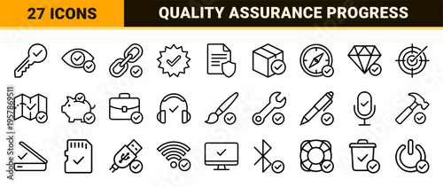 Verification and Approval System Symbols: Minimalist Monoline Geometric Line Art for Digital Compliance and Quality Assurance Interface.