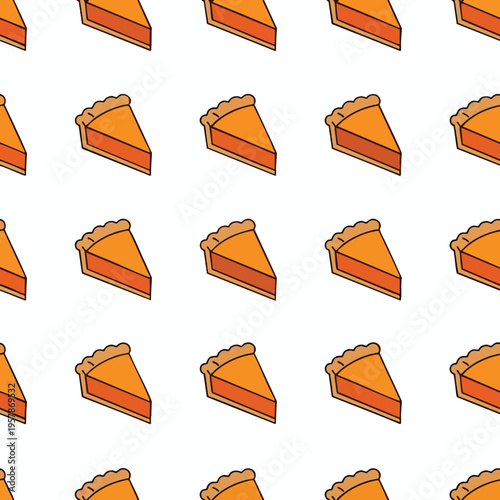 Pattern of pumpkin pie slices with orange filling and tan crust on white