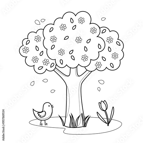 Cute Spring Tree Coloring Page with Bird, Flowers and Falling Leaves, Hand Drawn Outline Doodle Illustration for Kids, Black and White Nature Scene Printable for Coloring Book, Preschool Activity etc