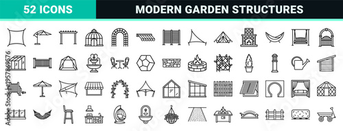 Outdoor Living Architecture and Garden Shade Structures Minimalist Monoline Geometric Line Art for Landscape Design and Patio Planning