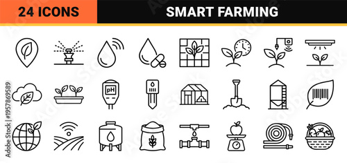 Smart Agriculture and Agritech Solutions Minimalist Monoline Icon Set featuring Precision Farming and Sustainable Ecology Symbols.