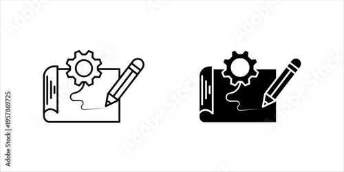 Outline icon set. illustration of paper scroll with gear and pencil representing creative planning, design process, and project development.