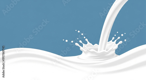Dynamic splash of fresh white milk or cream pouring down, creating a smooth wave on a vibrant blue background, illustrating liquid movement and purity