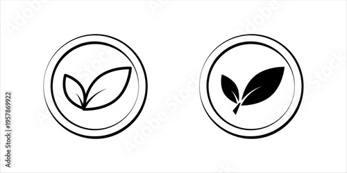 Minimal outline icon set. of leaf inside circular badge representing eco-friendly products, sustainability, and environmental awareness.