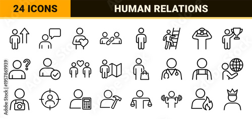 Human Resources and People Management Line Art: Minimalist monoline geometric icons for corporate culture, community, and social interaction.