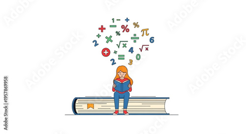 Young student engrossed in a book, surrounded by a vibrant cloud of mathematical symbols representing learning, knowledge, and intellectual development in a simplified illustration