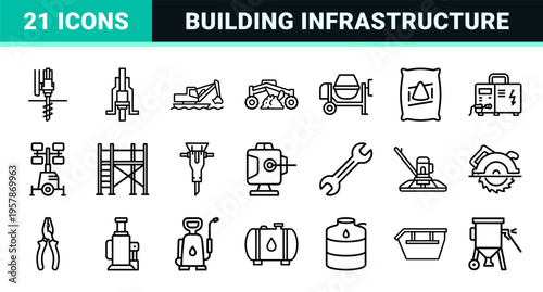 Heavy Construction Machinery Minimalist Monoline Icons Featuring Excavators Bulldozers and Industrial Equipment Geometric Line Art.