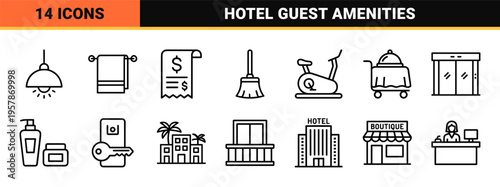 Hospitality and Hotel Service Minimalist Monoline Outline Icons featuring Travel, Accommodation, and Tourism Geometric Line Art Elements